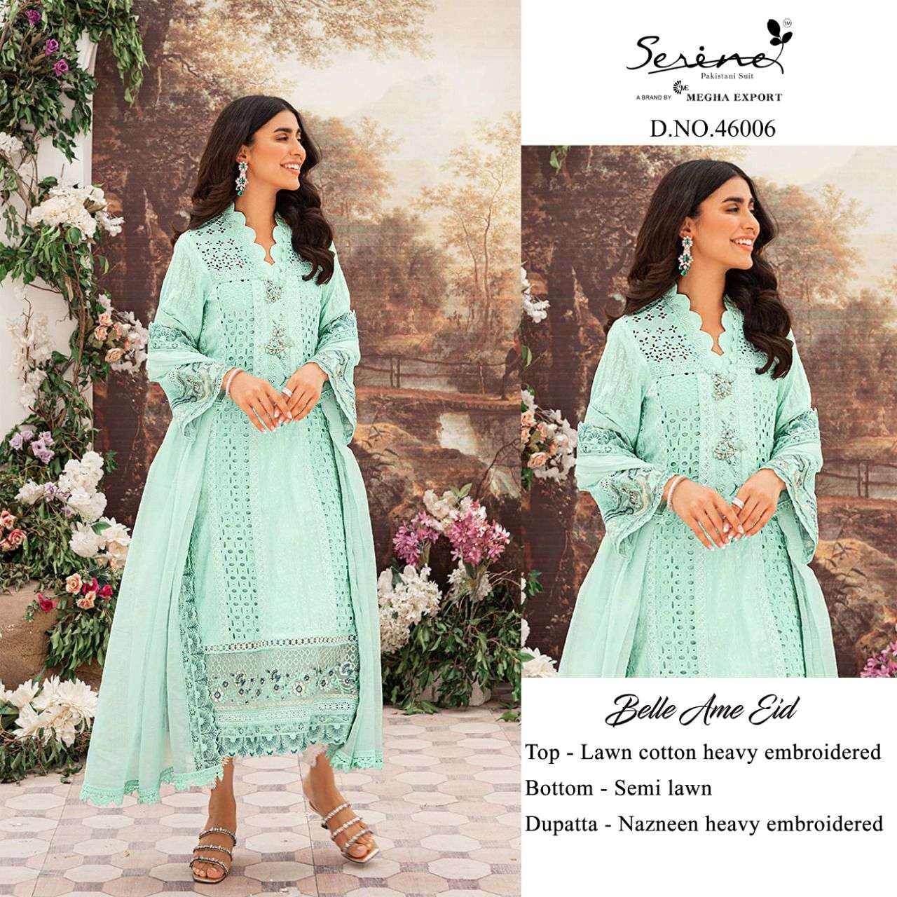 BELLE AME EID BY SERENE 46001 TO 46006 SERIES DESIGNER PAKISTANI SUITS BEAUTIFUL STYLISH FANCY COLORFUL PARTY WEAR & OCCASIONAL WEAR LAWN COTTON EMBROIDERY DRESSES AT WHOLESALE PRICE