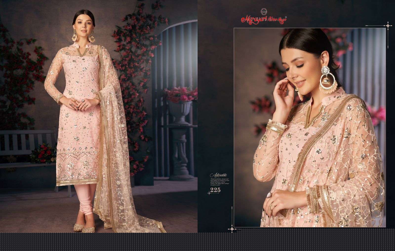 ZEHRA VOL-2 BY NARAYANI FASHION HUB 225 TO 228 SERIES BEAUTIFUL SUITS COLORFUL STYLISH FANCY CASUAL WEAR & ETHNIC WEAR MONO NET DRESSES AT WHOLESALE PRICE