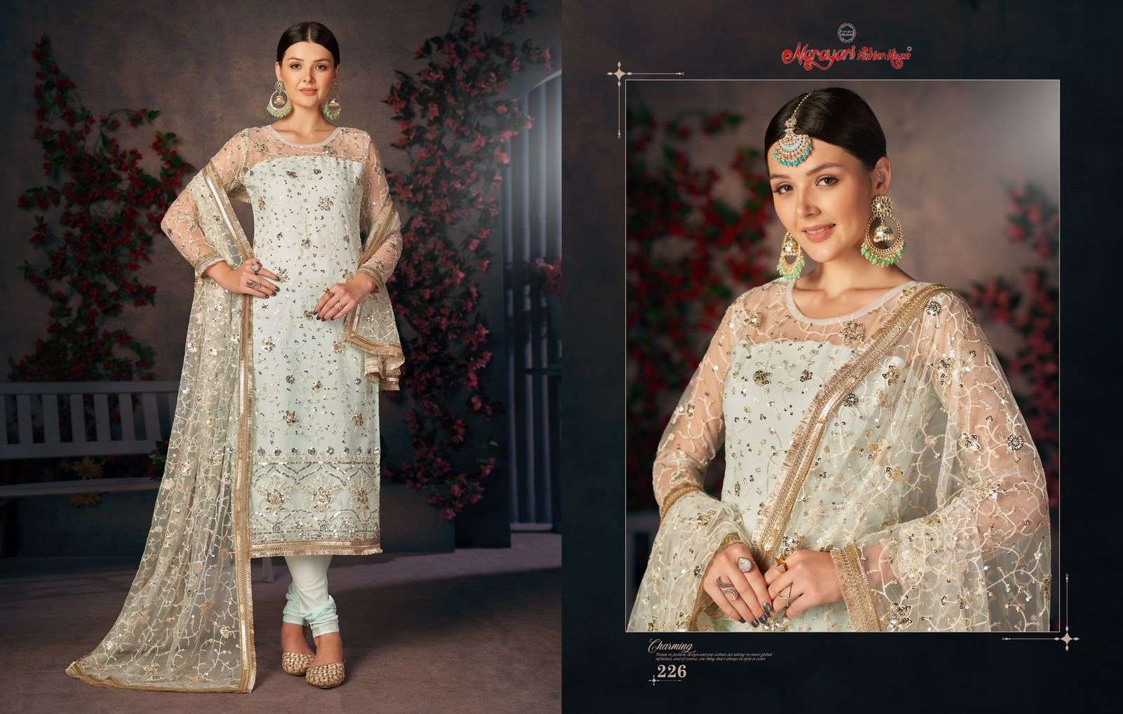 ZEHRA VOL-2 BY NARAYANI FASHION HUB 225 TO 228 SERIES BEAUTIFUL SUITS COLORFUL STYLISH FANCY CASUAL WEAR & ETHNIC WEAR MONO NET DRESSES AT WHOLESALE PRICE