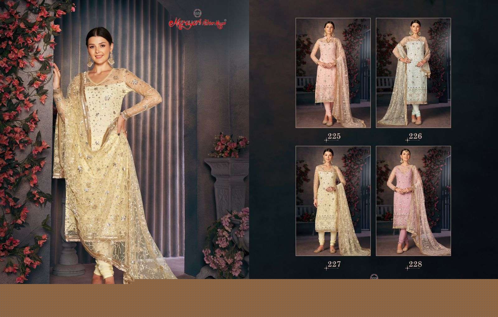 ZEHRA VOL-2 BY NARAYANI FASHION HUB 225 TO 228 SERIES BEAUTIFUL SUITS COLORFUL STYLISH FANCY CASUAL WEAR & ETHNIC WEAR MONO NET DRESSES AT WHOLESALE PRICE