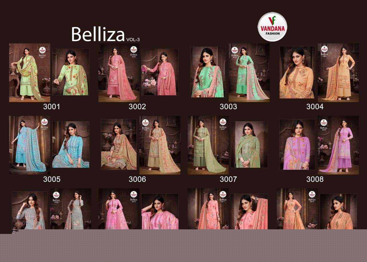 BELLIZA VOL-3 BY VANDANA 3001 TO 3012 SERIES BEAUTIFUL STYLISH SUITS FANCY COLORFUL CASUAL WEAR & ETHNIC WEAR & READY TO WEAR HEAVY COTTON PRINTED DRESSES AT WHOLESALE PRICE