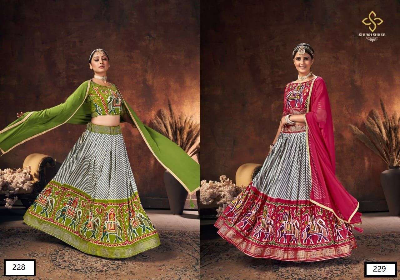 PANGHAT BY SHUBH SHREE 221 TO 230 SERIES DESIGNER BEAUTIFUL NAVRATRI COLLECTION OCCASIONAL WEAR & PARTY WEAR VELVETLEHENGAS AT WHOLESALE PRICE