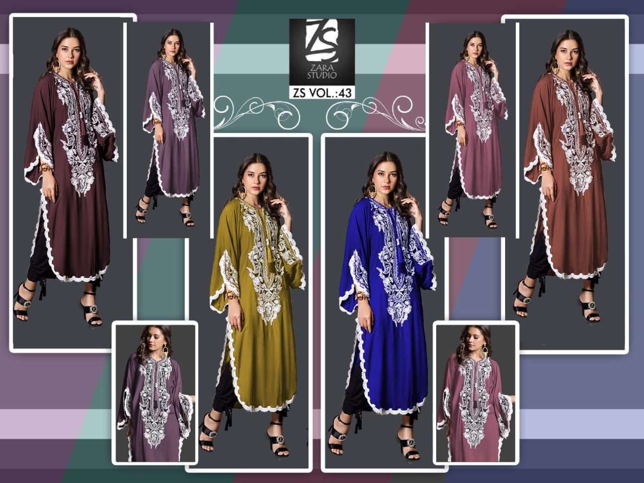 ZS VOL-43 BY ZS 01 TO 06 SERIES DESIGNER STYLISH FANCY COLORFUL BEAUTIFUL PARTY WEAR & ETHNIC WEAR COLLECTION PURE FAUX GEORGETTE KURTIS WITH BOTTOM AT WHOLESALE PRICE