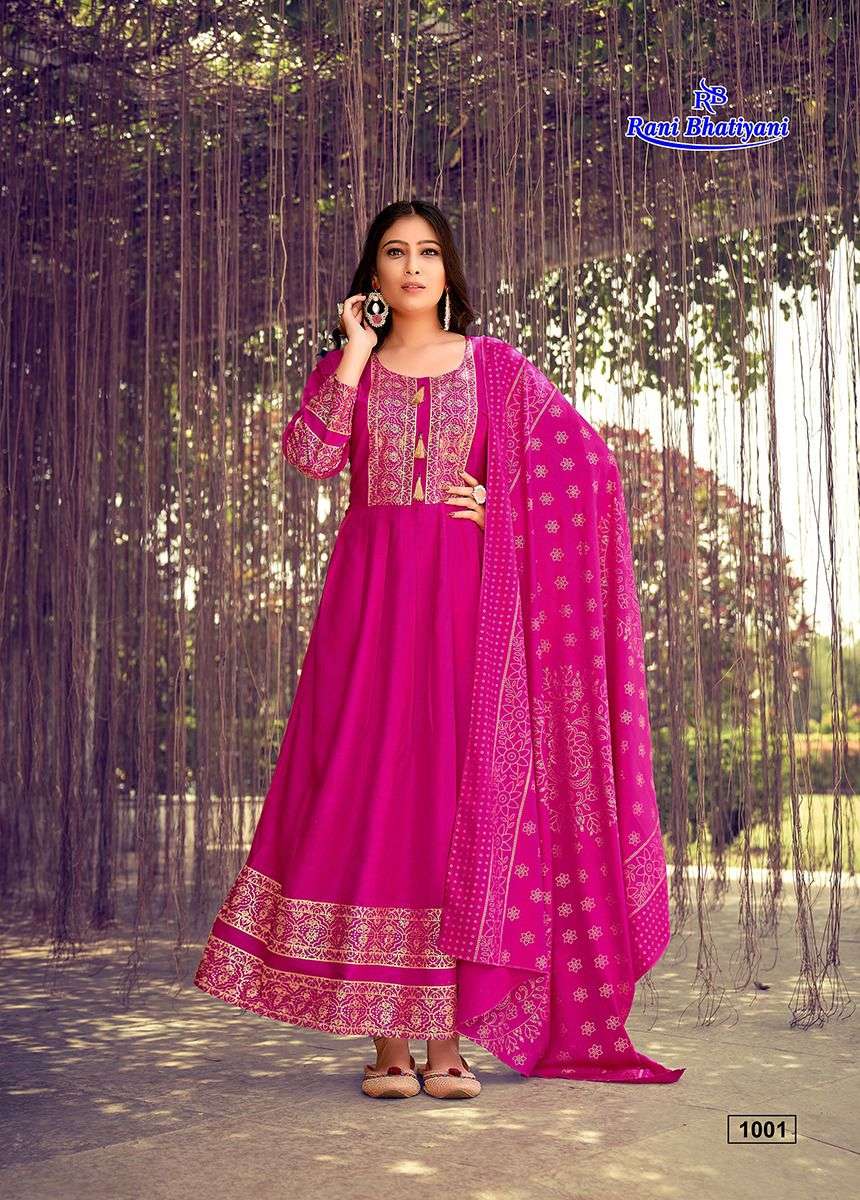 ANKITA VOL-2 BY RANI BHATIYANI 1001 TO 1008 SERIES BEAUTIFUL STYLISH FANCY COLORFUL CASUAL WEAR & ETHNIC WEAR RAYON FOIL PRINT GOWNS WITH DUPATTA AT WHOLESALE PRICE
