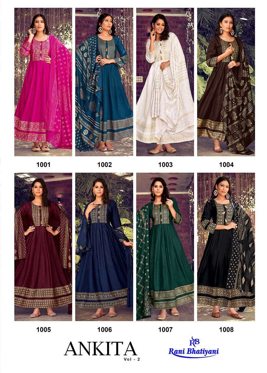 ANKITA VOL-2 BY RANI BHATIYANI 1001 TO 1008 SERIES BEAUTIFUL STYLISH FANCY COLORFUL CASUAL WEAR & ETHNIC WEAR RAYON FOIL PRINT GOWNS WITH DUPATTA AT WHOLESALE PRICE