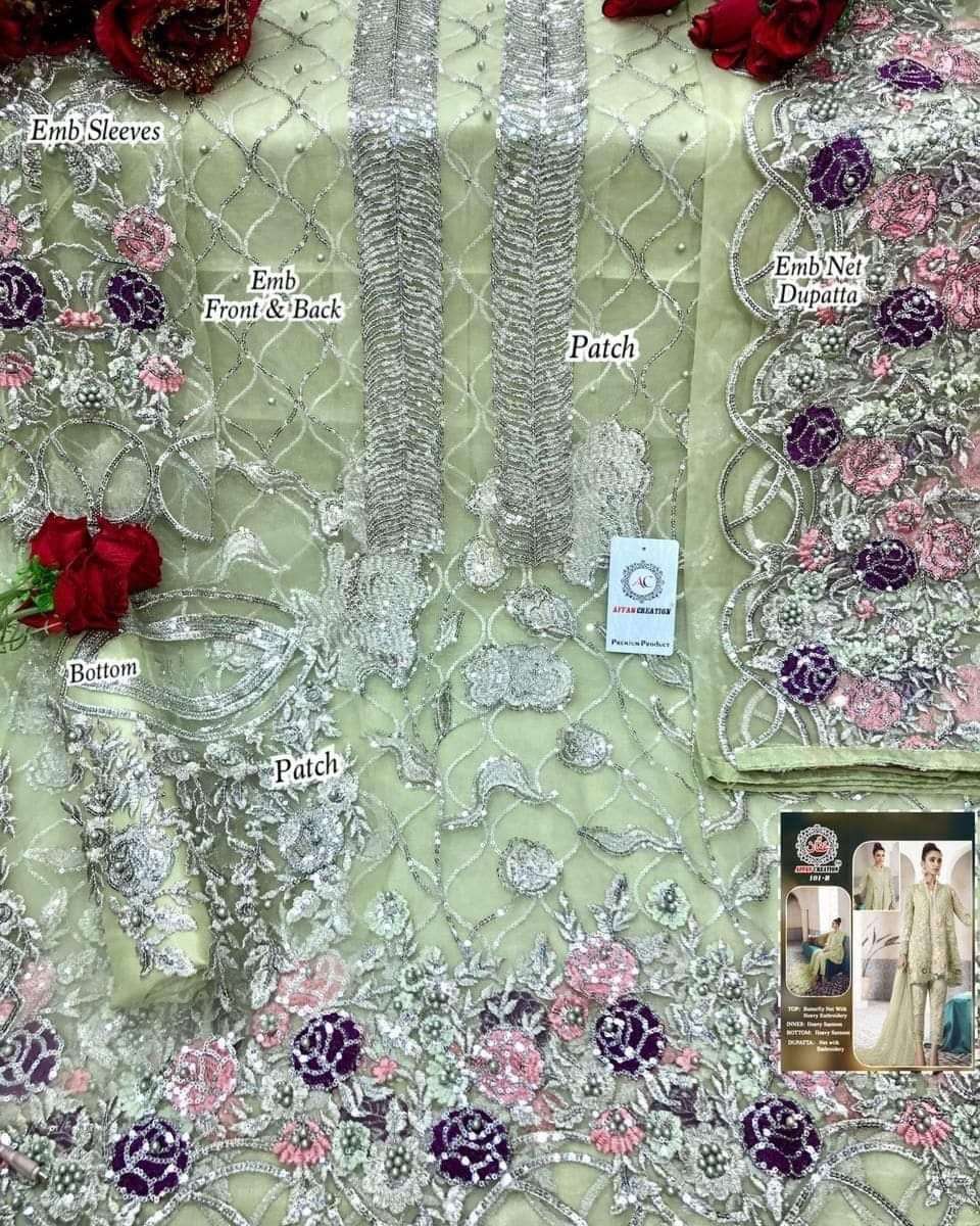 AFFAN CREATION 101 COLOURS NX BY AFFAN CREATION PAKISTANI STYLISH BEAUTIFUL COLOURFUL PRINTED & EMBROIDERED PARTY WEAR & OCCASIONAL WEAR HEAVY BUTTERFLY NET EMBROIDERY DRESSES AT WHOLESALE PRICE