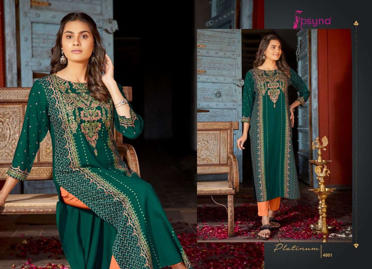 PLATINUM VOL-4 BY PSYNA 4001 TO 4008 SERIES DESIGNER STYLISH FANCY COLORFUL BEAUTIFUL PARTY WEAR & ETHNIC WEAR COLLECTION RAYON PRINT KURTIS AT WHOLESALE PRICE