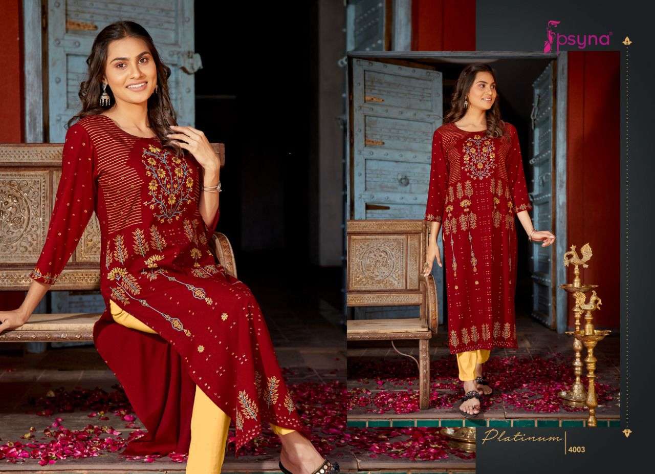 PLATINUM VOL-4 BY PSYNA 4001 TO 4008 SERIES DESIGNER STYLISH FANCY COLORFUL BEAUTIFUL PARTY WEAR & ETHNIC WEAR COLLECTION RAYON PRINT KURTIS AT WHOLESALE PRICE