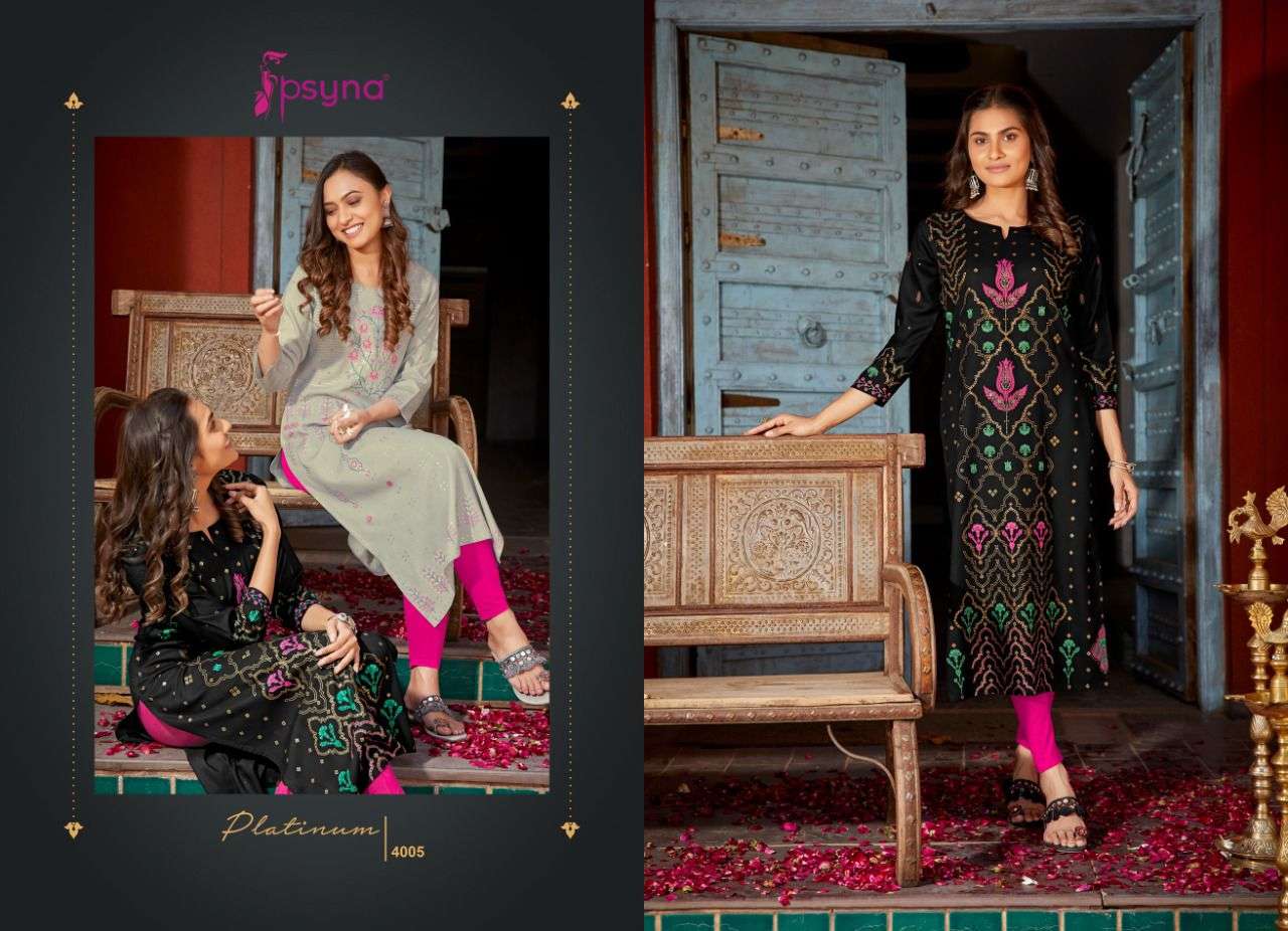 PLATINUM VOL-4 BY PSYNA 4001 TO 4008 SERIES DESIGNER STYLISH FANCY COLORFUL BEAUTIFUL PARTY WEAR & ETHNIC WEAR COLLECTION RAYON PRINT KURTIS AT WHOLESALE PRICE