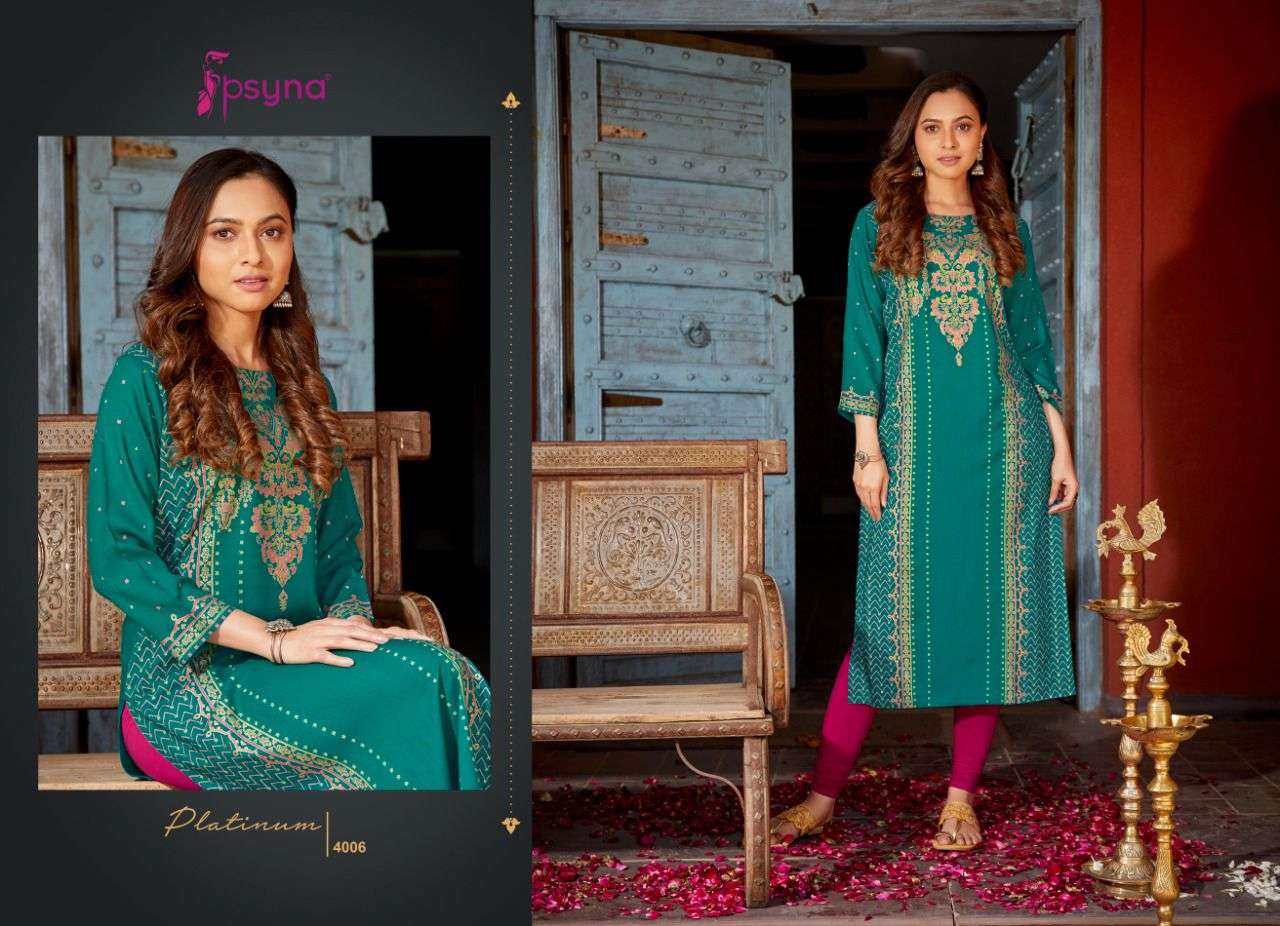 PLATINUM VOL-4 BY PSYNA 4001 TO 4008 SERIES DESIGNER STYLISH FANCY COLORFUL BEAUTIFUL PARTY WEAR & ETHNIC WEAR COLLECTION RAYON PRINT KURTIS AT WHOLESALE PRICE
