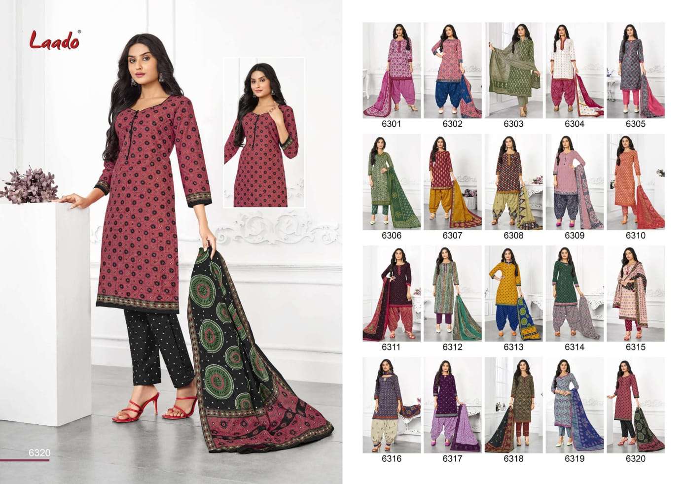 LAADO VOL-63 BY LAADO 6301 TO 6320 SERIES BEAUTIFUL SUITS STYLISH FANCY COLORFUL PARTY WEAR & OCCASIONAL WEAR PURE COTTON PRINTED DRESSES AT WHOLESALE PRICE