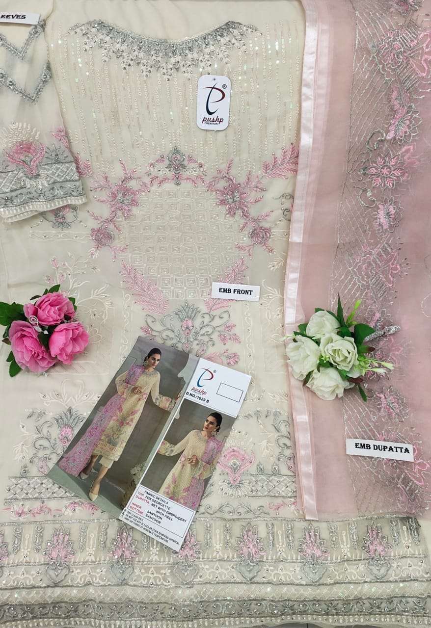 PUSHP HIT DESIGN 1029 COLOURS BY PUSHP CREATION 1029-A TO 1029-D SERIES DESIGNER PAKISTANI SUITS BEAUTIFUL STYLISH FANCY COLORFUL PARTY WEAR & OCCASIONAL WEAR NET EMBROIDERED DRESSES AT WHOLESALE PRICE