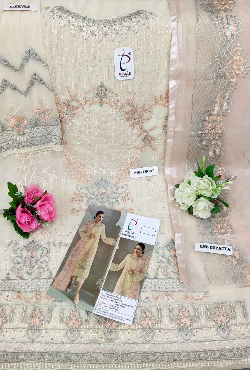 PUSHP HIT DESIGN 1029 COLOURS BY PUSHP CREATION 1029-A TO 1029-D SERIES DESIGNER PAKISTANI SUITS BEAUTIFUL STYLISH FANCY COLORFUL PARTY WEAR & OCCASIONAL WEAR NET EMBROIDERED DRESSES AT WHOLESALE PRICE