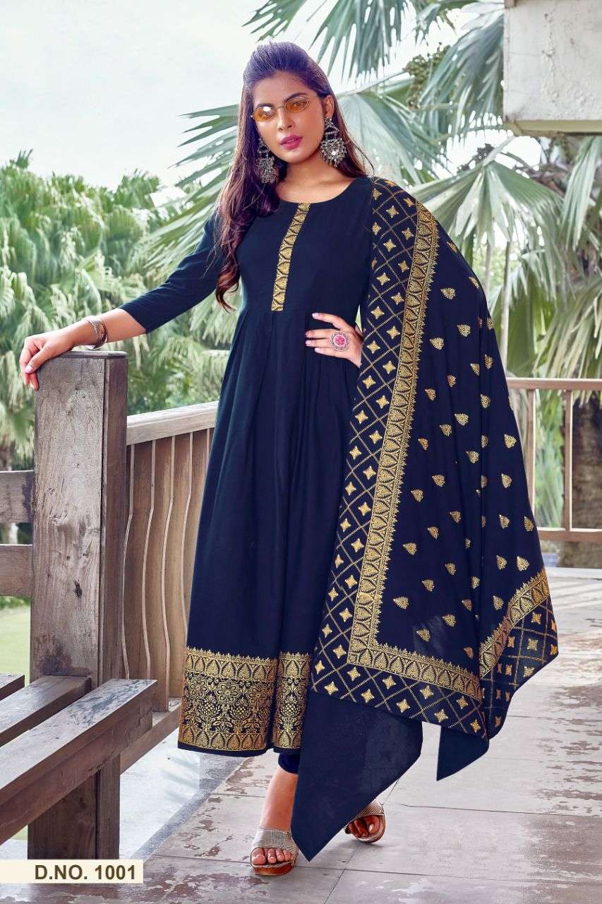 AARADHYA BY JINESH NX 1001 TO 1006 SERIES BEAUTIFUL STYLISH FANCY COLORFUL CASUAL WEAR & ETHNIC WEAR RAYON FOIL PRINT GOWNS WITH DUPATTA AT WHOLESALE PRICE