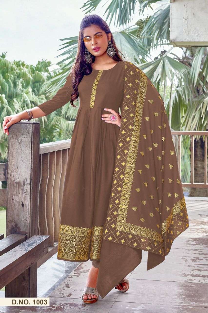 AARADHYA BY JINESH NX 1001 TO 1006 SERIES BEAUTIFUL STYLISH FANCY COLORFUL CASUAL WEAR & ETHNIC WEAR RAYON FOIL PRINT GOWNS WITH DUPATTA AT WHOLESALE PRICE