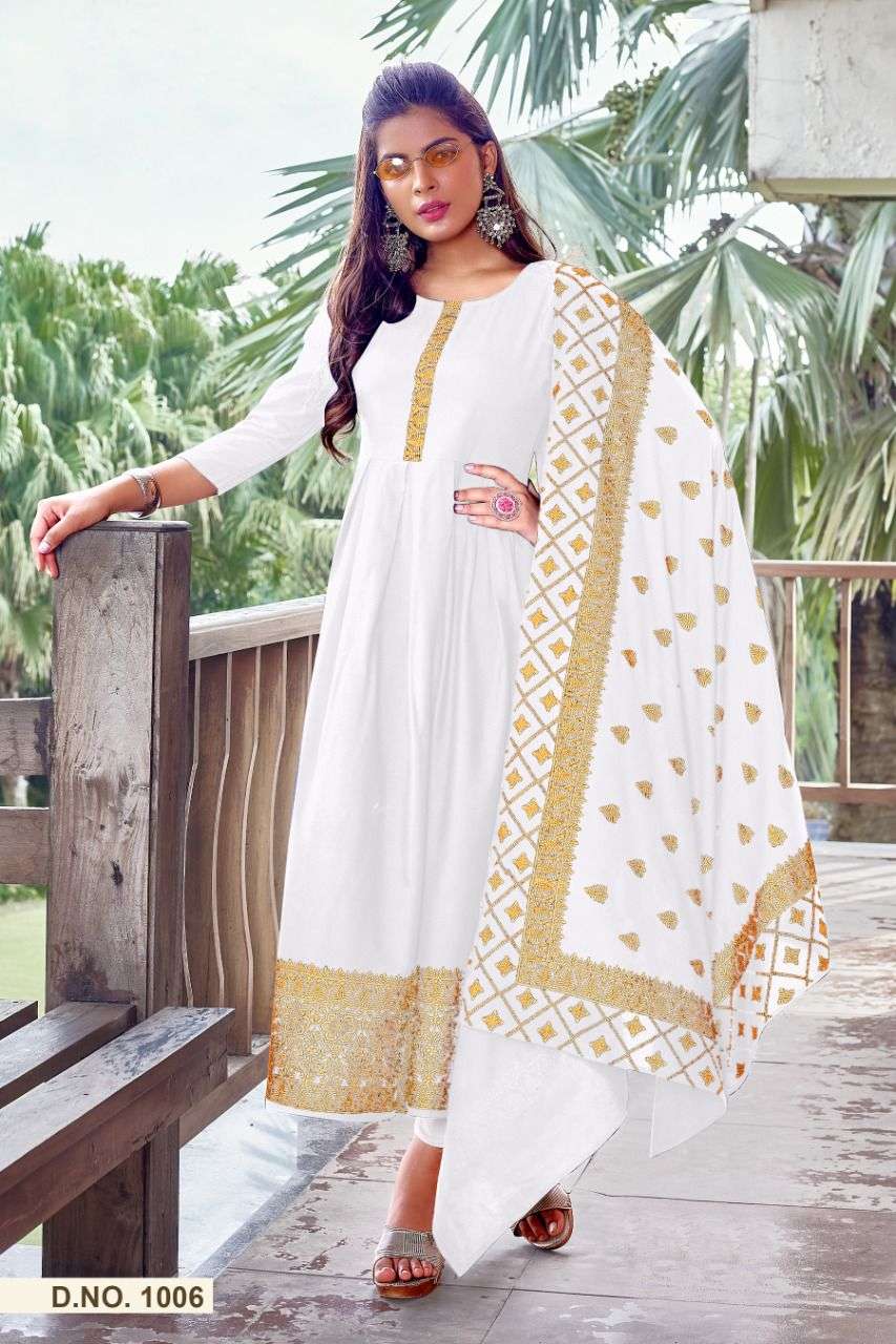 AARADHYA BY JINESH NX 1001 TO 1006 SERIES BEAUTIFUL STYLISH FANCY COLORFUL CASUAL WEAR & ETHNIC WEAR RAYON FOIL PRINT GOWNS WITH DUPATTA AT WHOLESALE PRICE