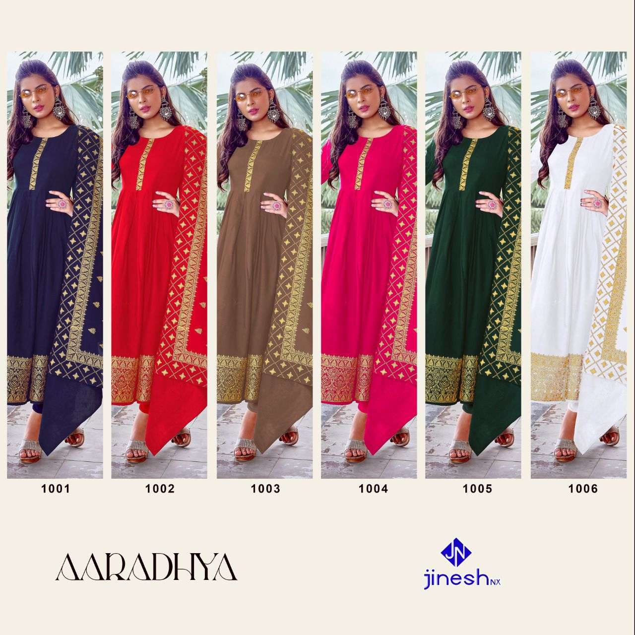 AARADHYA BY JINESH NX 1001 TO 1006 SERIES BEAUTIFUL STYLISH FANCY COLORFUL CASUAL WEAR & ETHNIC WEAR RAYON FOIL PRINT GOWNS WITH DUPATTA AT WHOLESALE PRICE