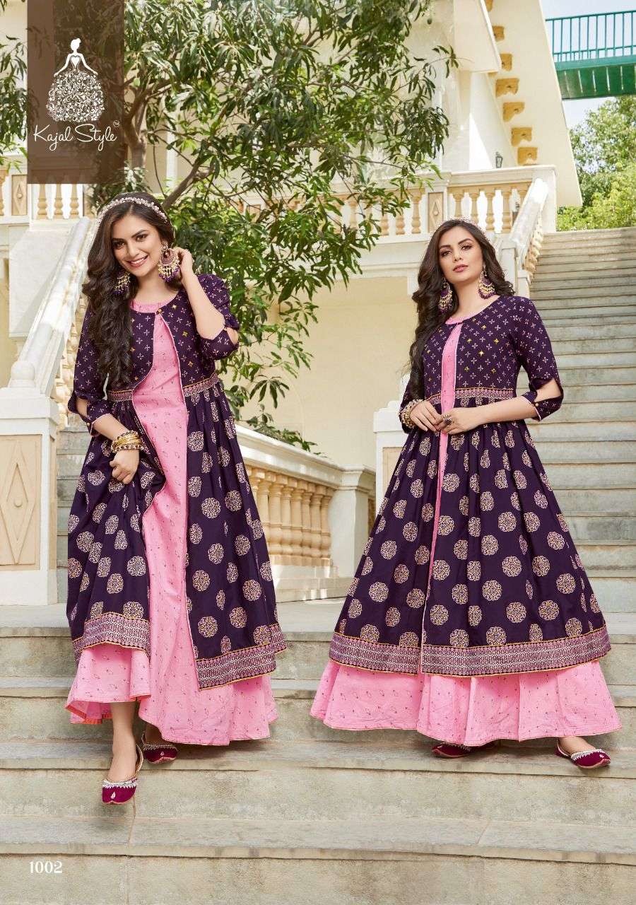 SRUG VOL-1 BY KAJAL STYLE 1001 TO 1008 SERIES BEAUTIFUL STYLISH FANCY COLORFUL CASUAL WEAR & ETHNIC WEAR COTTON PRINT GOWNS WITH SHRUG AT WHOLESALE PRICE