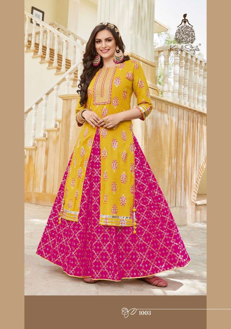 SRUG VOL-1 BY KAJAL STYLE 1001 TO 1008 SERIES BEAUTIFUL STYLISH FANCY COLORFUL CASUAL WEAR & ETHNIC WEAR COTTON PRINT GOWNS WITH SHRUG AT WHOLESALE PRICE