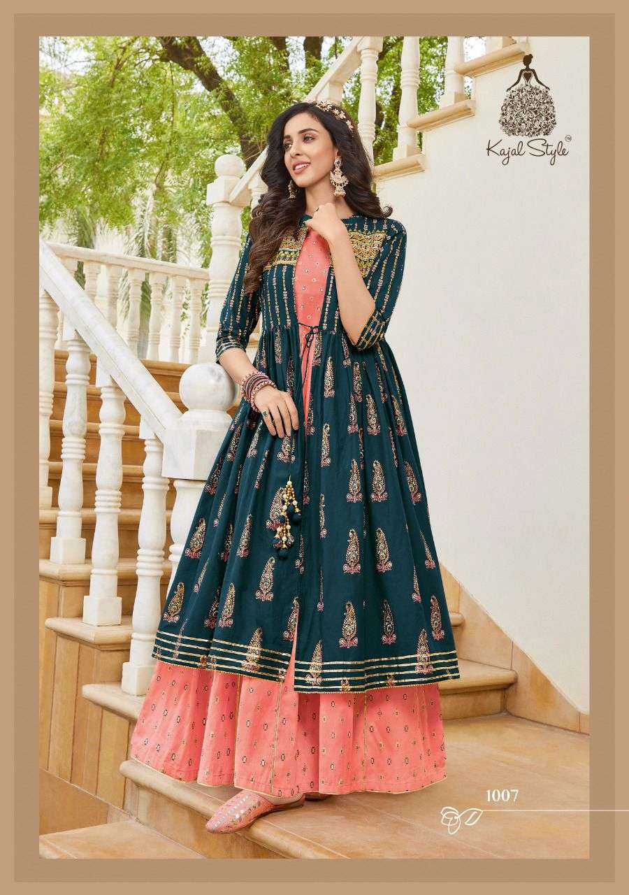 SRUG VOL-1 BY KAJAL STYLE 1001 TO 1008 SERIES BEAUTIFUL STYLISH FANCY COLORFUL CASUAL WEAR & ETHNIC WEAR COTTON PRINT GOWNS WITH SHRUG AT WHOLESALE PRICE