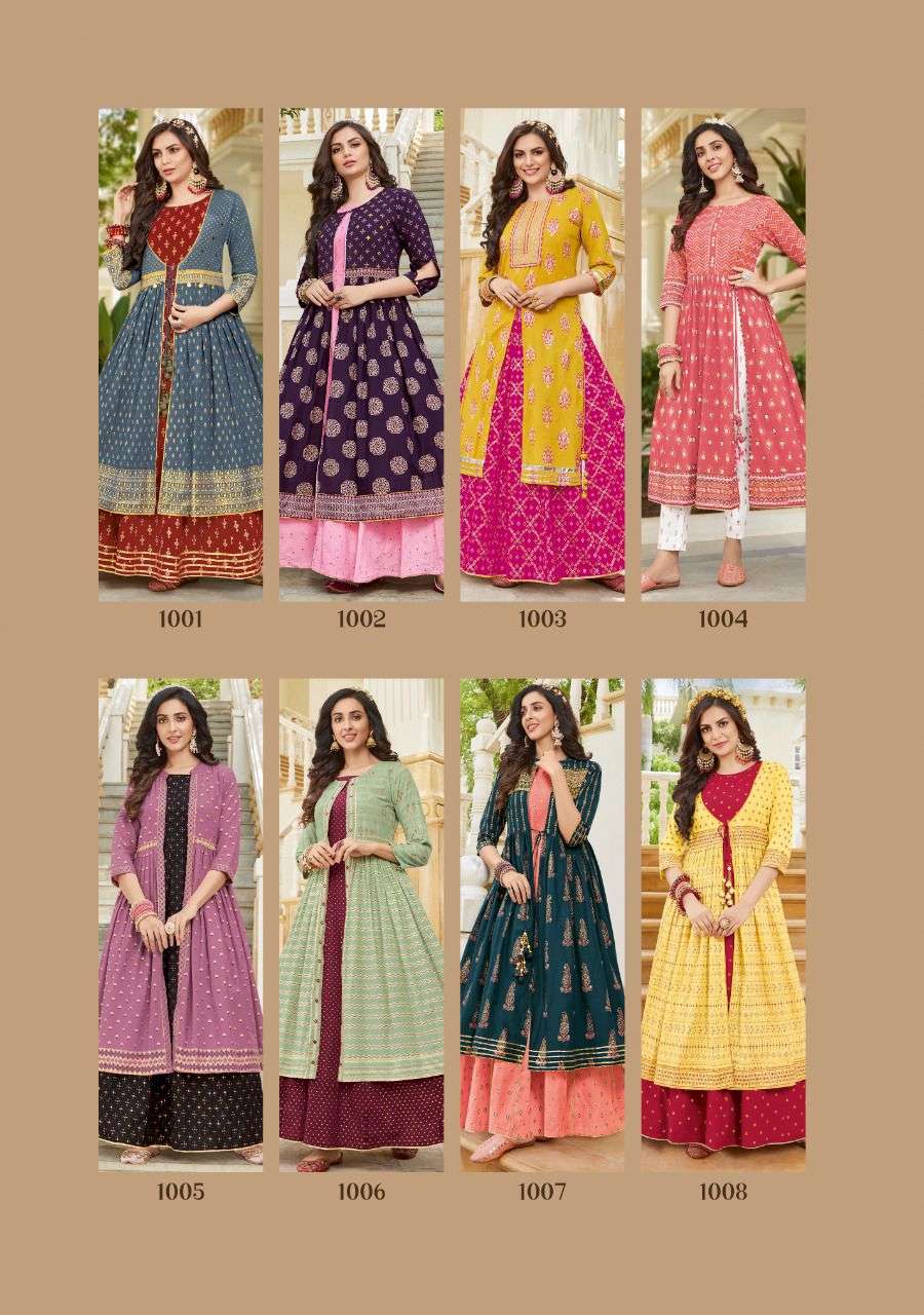 SRUG VOL-1 BY KAJAL STYLE 1001 TO 1008 SERIES BEAUTIFUL STYLISH FANCY COLORFUL CASUAL WEAR & ETHNIC WEAR COTTON PRINT GOWNS WITH SHRUG AT WHOLESALE PRICE
