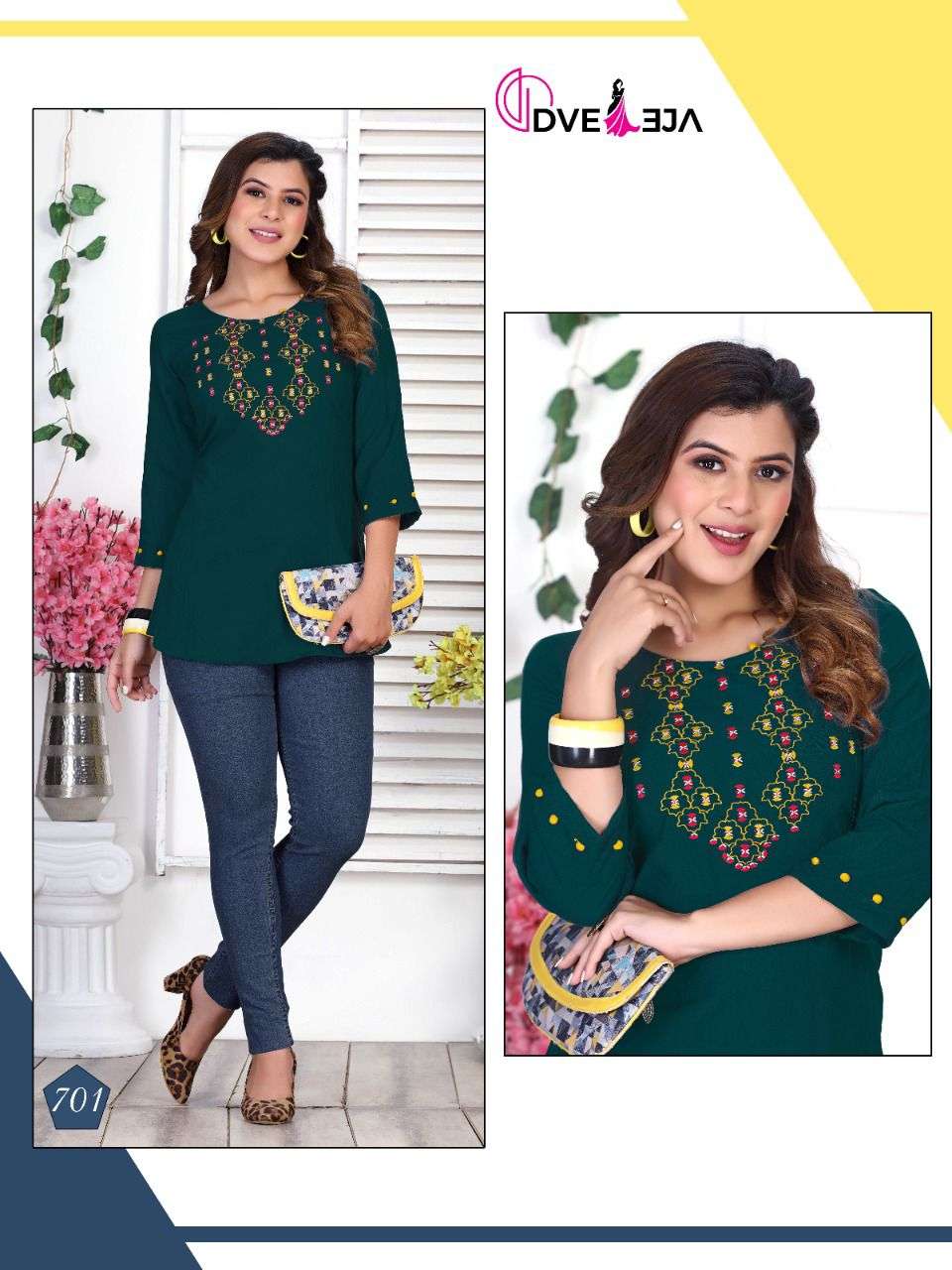 JENNIFER BY DVEEJA 701 TO 706 SERIES BEAUTIFUL STYLISH FANCY COLORFUL CASUAL WEAR & ETHNIC WEAR HEAVY RAYON EMBROIDERED TOPS AT WHOLESALE PRICE