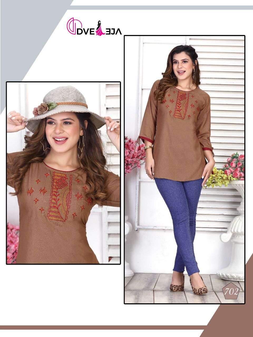 JENNIFER BY DVEEJA 701 TO 706 SERIES BEAUTIFUL STYLISH FANCY COLORFUL CASUAL WEAR & ETHNIC WEAR HEAVY RAYON EMBROIDERED TOPS AT WHOLESALE PRICE