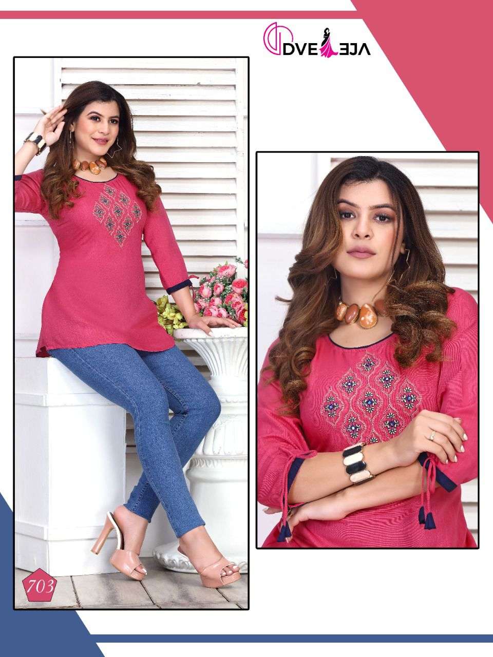 JENNIFER BY DVEEJA 701 TO 706 SERIES BEAUTIFUL STYLISH FANCY COLORFUL CASUAL WEAR & ETHNIC WEAR HEAVY RAYON EMBROIDERED TOPS AT WHOLESALE PRICE