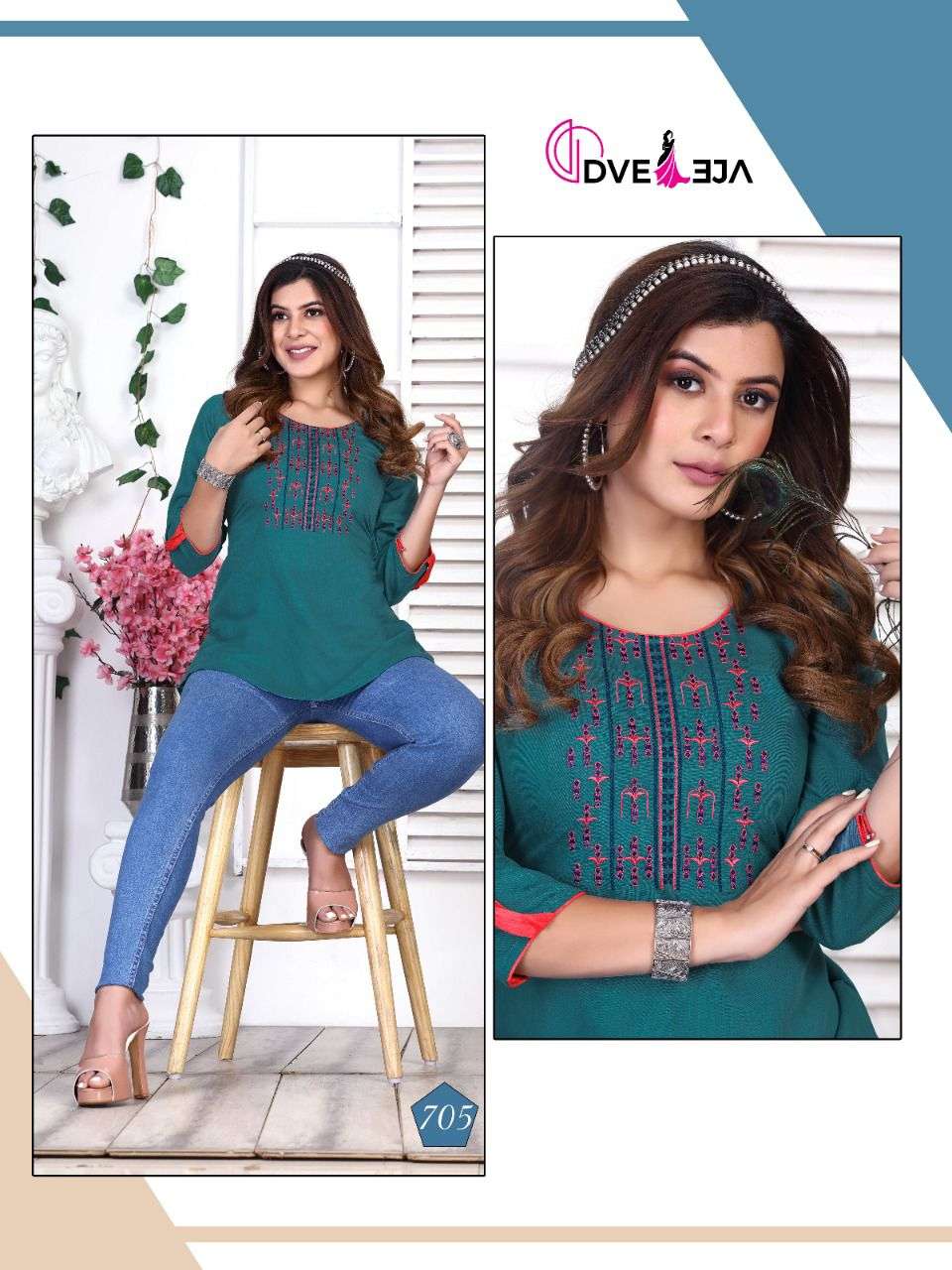 JENNIFER BY DVEEJA 701 TO 706 SERIES BEAUTIFUL STYLISH FANCY COLORFUL CASUAL WEAR & ETHNIC WEAR HEAVY RAYON EMBROIDERED TOPS AT WHOLESALE PRICE