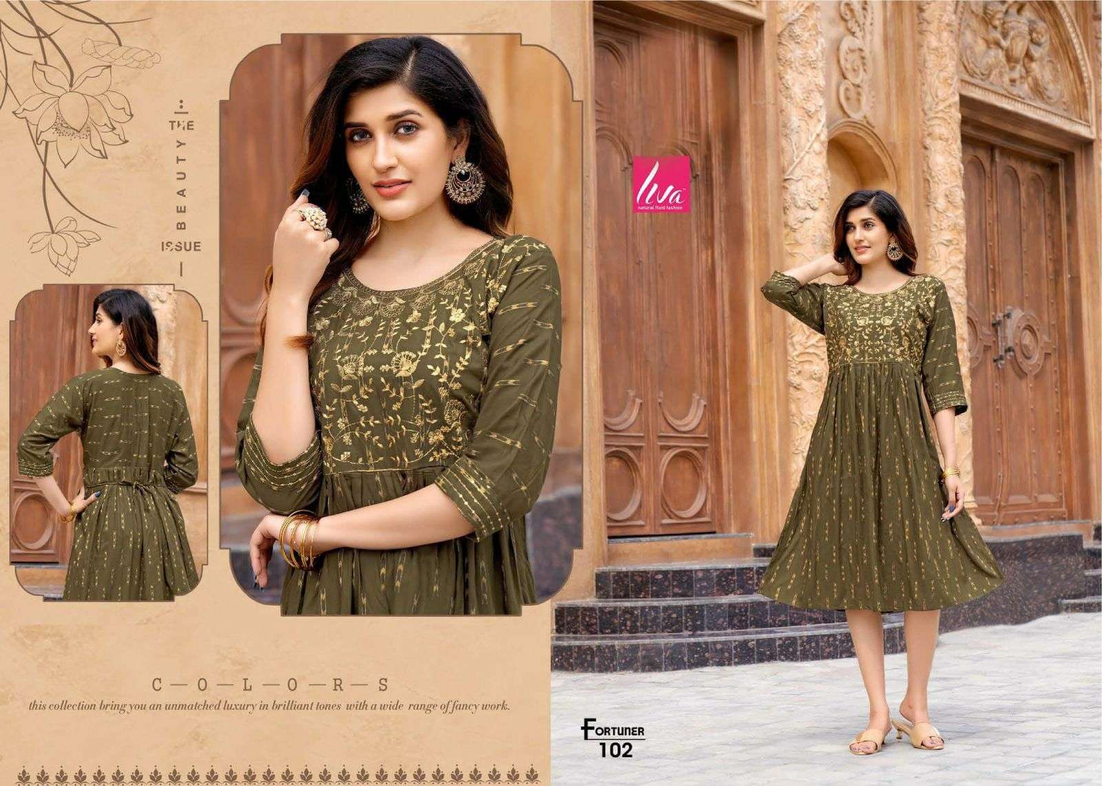 FORTUNER BY LIVA 101 TO 108 SERIES DESIGNER STYLISH FANCY COLORFUL BEAUTIFUL PARTY WEAR & ETHNIC WEAR COLLECTION PURE RAYON KURTIS AT WHOLESALE PRICE