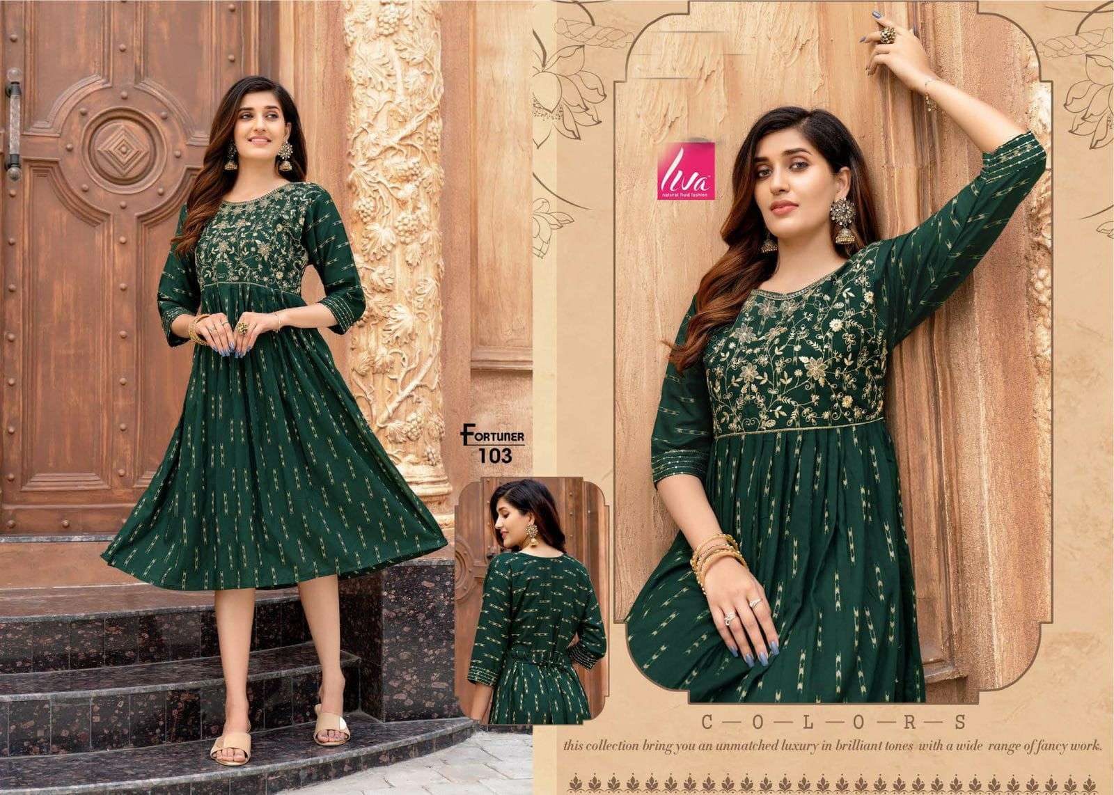 FORTUNER BY LIVA 101 TO 108 SERIES DESIGNER STYLISH FANCY COLORFUL BEAUTIFUL PARTY WEAR & ETHNIC WEAR COLLECTION PURE RAYON KURTIS AT WHOLESALE PRICE