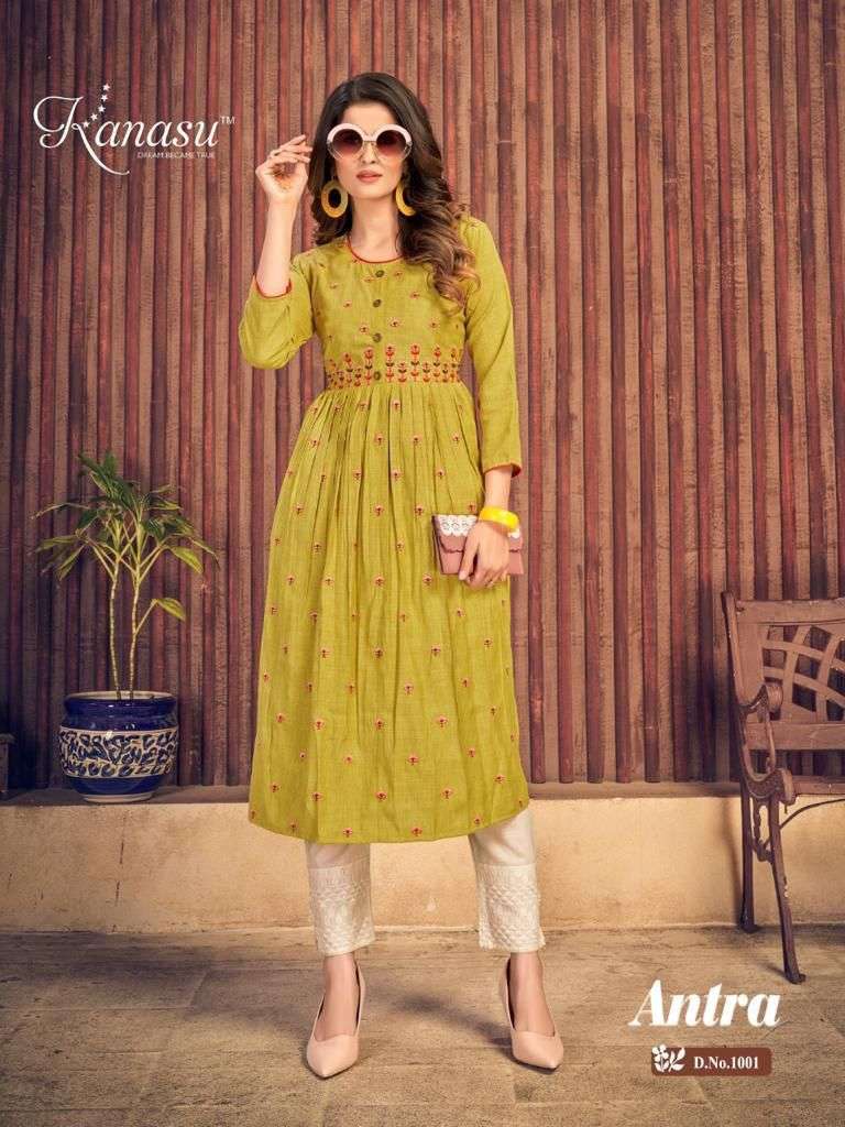 ANTRA BY KANASU 1001 TO 1008 SERIES DESIGNER STYLISH FANCY COLORFUL BEAUTIFUL PARTY WEAR & ETHNIC WEAR COLLECTION PURE RAYON KURTIS AT WHOLESALE PRICE