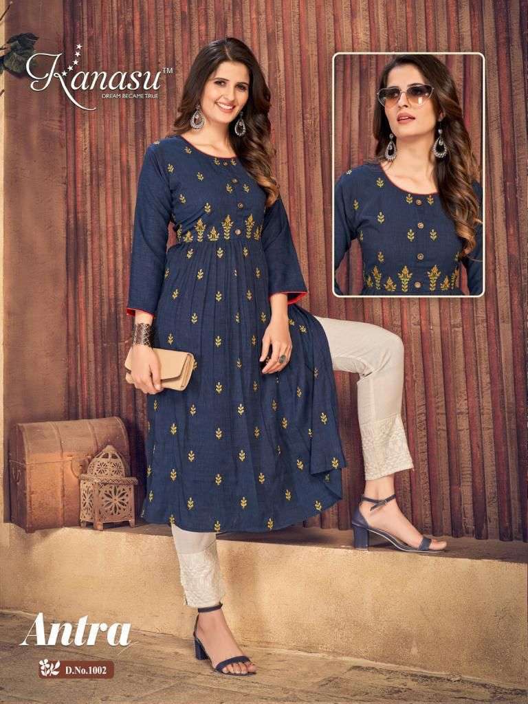 ANTRA BY KANASU 1001 TO 1008 SERIES DESIGNER STYLISH FANCY COLORFUL BEAUTIFUL PARTY WEAR & ETHNIC WEAR COLLECTION PURE RAYON KURTIS AT WHOLESALE PRICE