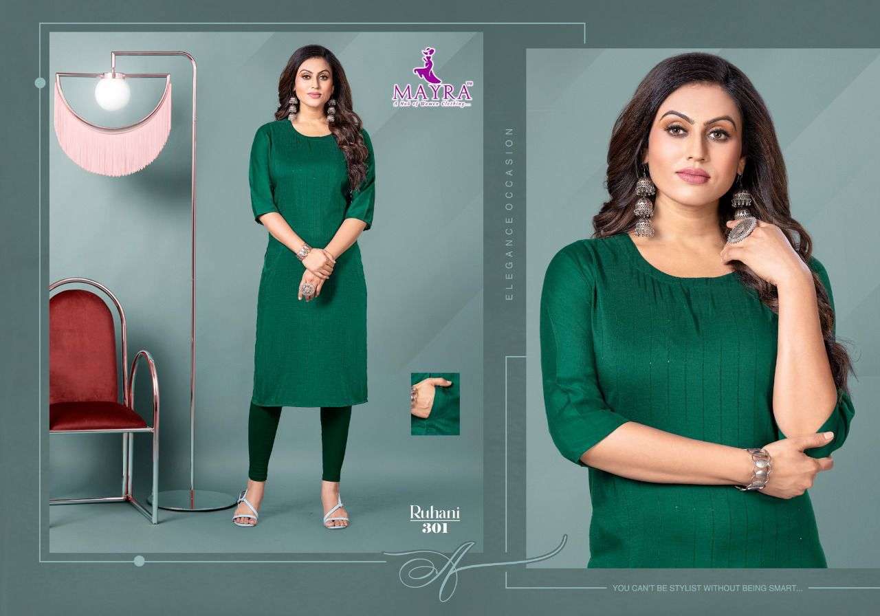 RUHANI BY MAYRA 301 TO 308 SERIES DESIGNER STYLISH FANCY COLORFUL BEAUTIFUL PARTY WEAR & ETHNIC WEAR COLLECTION CHINNON SILK KURTIS AT WHOLESALE PRICE