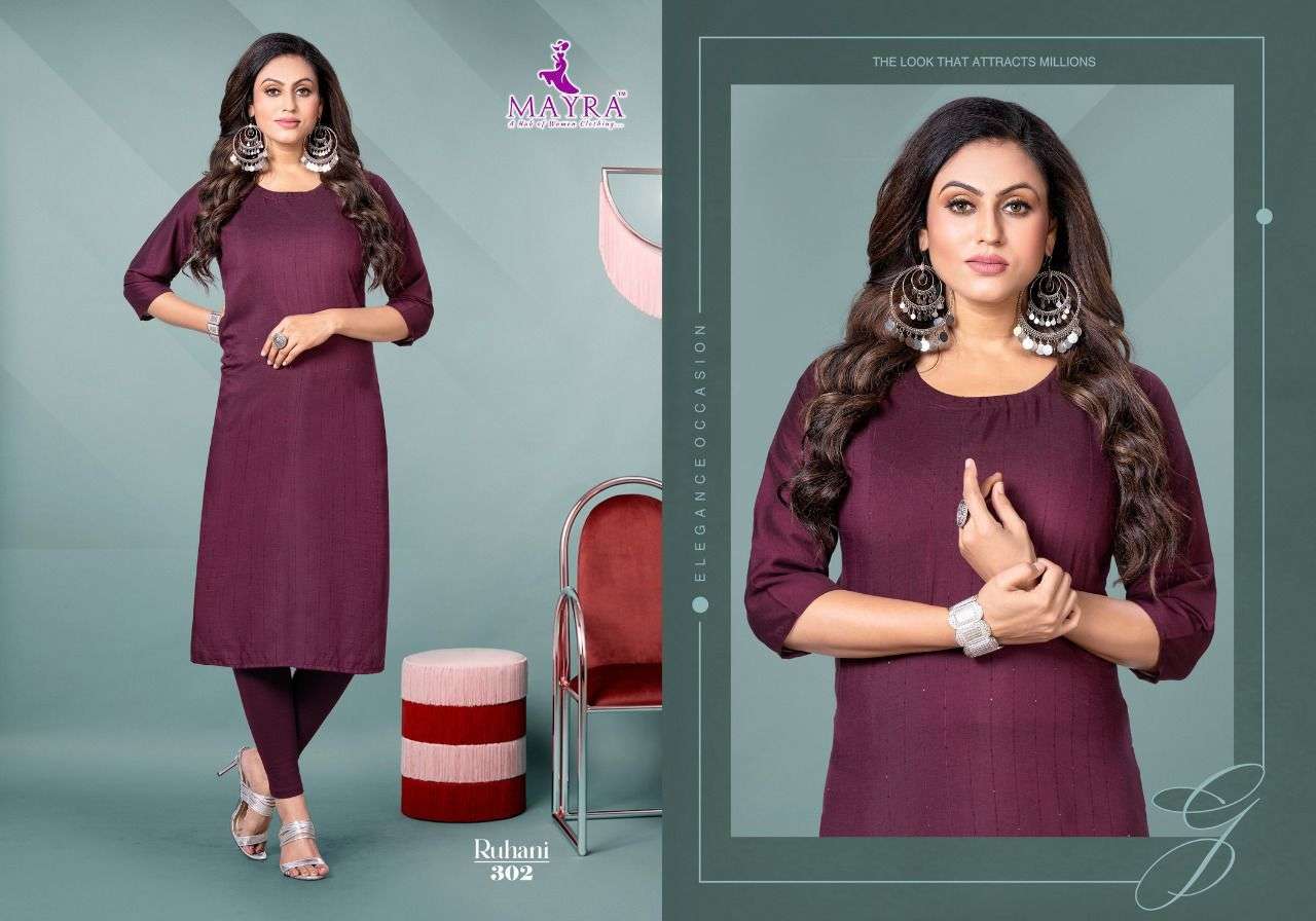 RUHANI BY MAYRA 301 TO 308 SERIES DESIGNER STYLISH FANCY COLORFUL BEAUTIFUL PARTY WEAR & ETHNIC WEAR COLLECTION CHINNON SILK KURTIS AT WHOLESALE PRICE