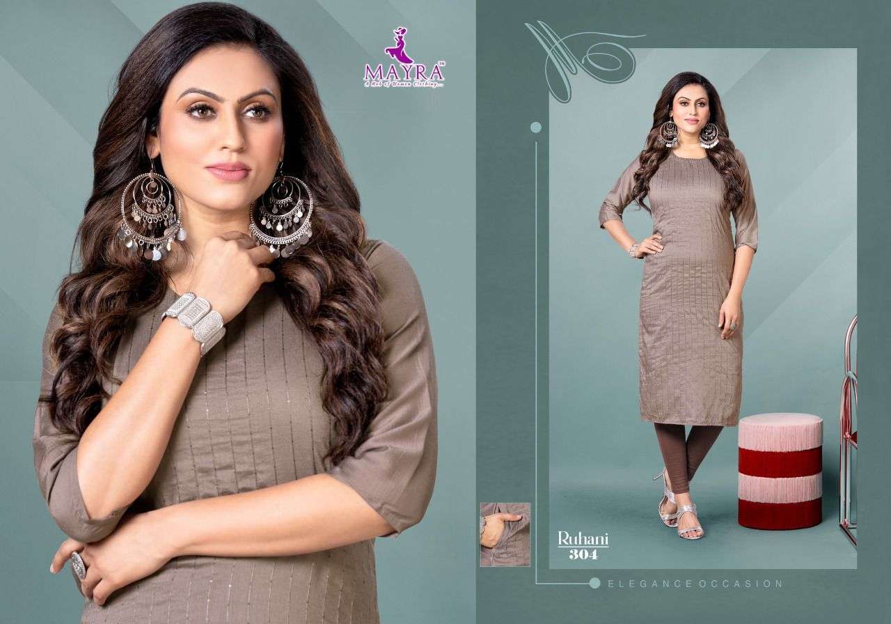 RUHANI BY MAYRA 301 TO 308 SERIES DESIGNER STYLISH FANCY COLORFUL BEAUTIFUL PARTY WEAR & ETHNIC WEAR COLLECTION CHINNON SILK KURTIS AT WHOLESALE PRICE