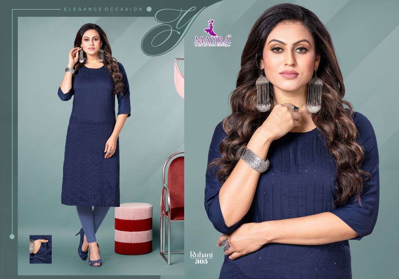 RUHANI BY MAYRA 301 TO 308 SERIES DESIGNER STYLISH FANCY COLORFUL BEAUTIFUL PARTY WEAR & ETHNIC WEAR COLLECTION CHINNON SILK KURTIS AT WHOLESALE PRICE