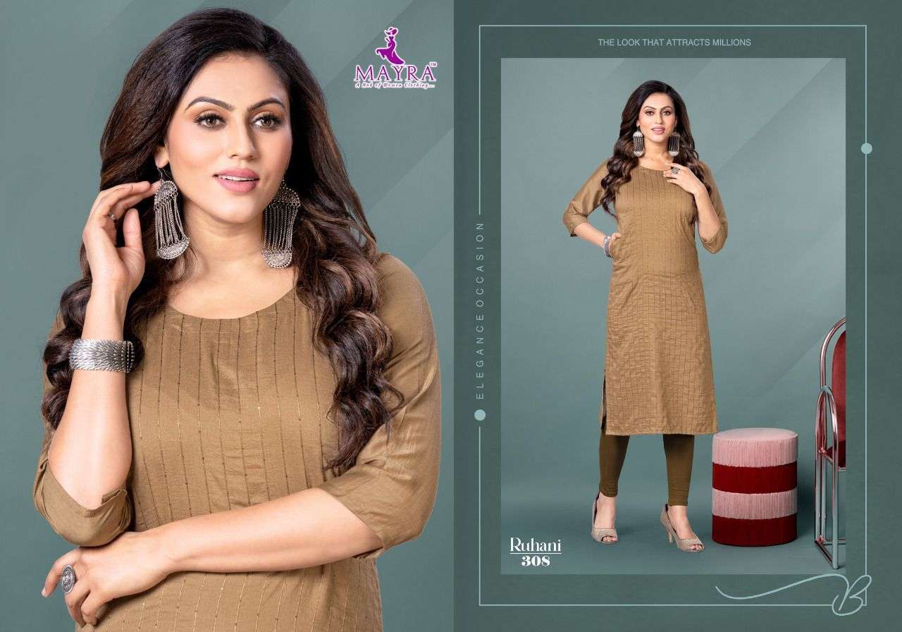 RUHANI BY MAYRA 301 TO 308 SERIES DESIGNER STYLISH FANCY COLORFUL BEAUTIFUL PARTY WEAR & ETHNIC WEAR COLLECTION CHINNON SILK KURTIS AT WHOLESALE PRICE
