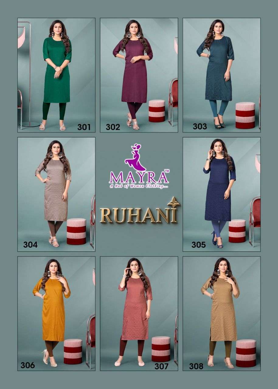 RUHANI BY MAYRA 301 TO 308 SERIES DESIGNER STYLISH FANCY COLORFUL BEAUTIFUL PARTY WEAR & ETHNIC WEAR COLLECTION CHINNON SILK KURTIS AT WHOLESALE PRICE