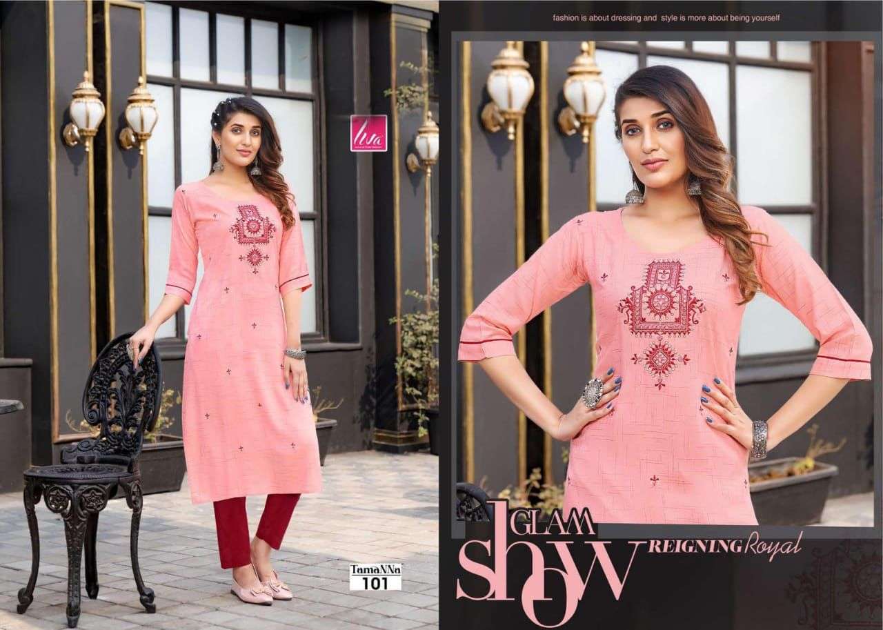 TAMANNA BY LIVA 101 TO 107 SERIES DESIGNER STYLISH FANCY COLORFUL BEAUTIFUL PARTY WEAR & ETHNIC WEAR COLLECTION PURE RAYON KURTIS AT WHOLESALE PRICE