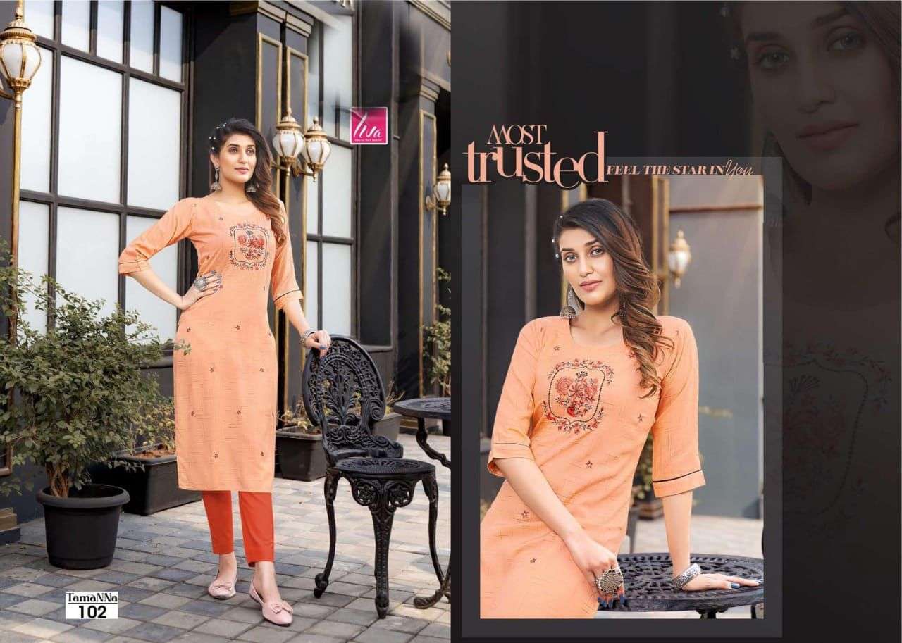 TAMANNA BY LIVA 101 TO 107 SERIES DESIGNER STYLISH FANCY COLORFUL BEAUTIFUL PARTY WEAR & ETHNIC WEAR COLLECTION PURE RAYON KURTIS AT WHOLESALE PRICE