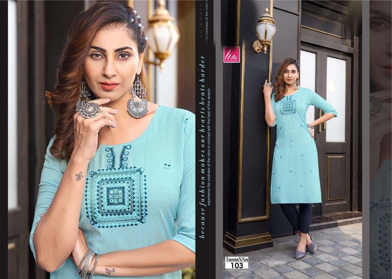 TAMANNA BY LIVA 101 TO 107 SERIES DESIGNER STYLISH FANCY COLORFUL BEAUTIFUL PARTY WEAR & ETHNIC WEAR COLLECTION PURE RAYON KURTIS AT WHOLESALE PRICE