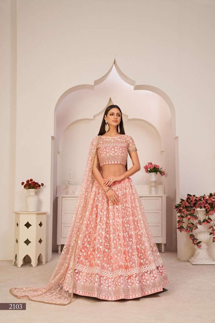 PANVI 2103 COLOURS BY PANVI 2103 TO 2103-C SERIES INDIAN TRADITIONAL BEAUTIFUL STYLISH DESIGNER BANARASI SILK JACQUARD EMBROIDERED PARTY WEAR MONO NET LEHENGAS AT WHOLESALE PRICE