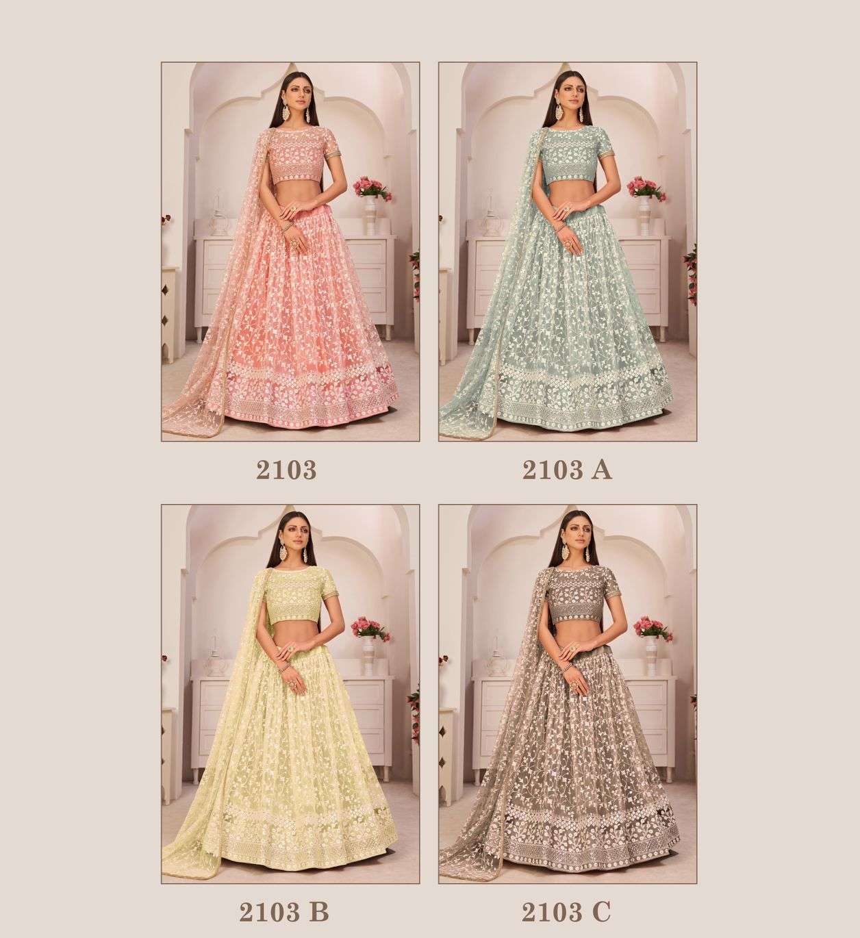 PANVI 2103 COLOURS BY PANVI 2103 TO 2103-C SERIES INDIAN TRADITIONAL BEAUTIFUL STYLISH DESIGNER BANARASI SILK JACQUARD EMBROIDERED PARTY WEAR MONO NET LEHENGAS AT WHOLESALE PRICE
