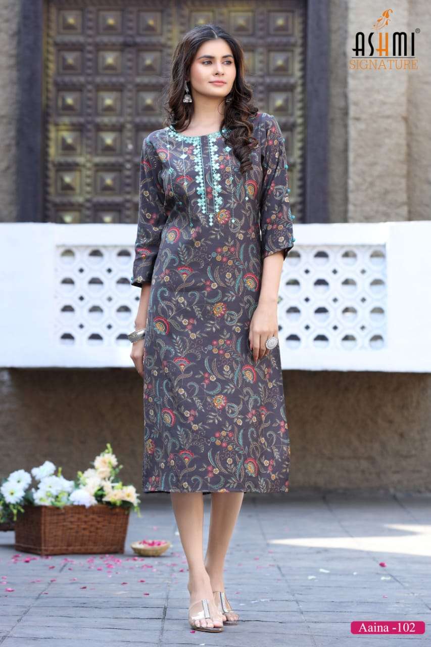 AAINA BY ASHMI 101 TO 108 SERIES DESIGNER STYLISH FANCY COLORFUL BEAUTIFUL PARTY WEAR & ETHNIC WEAR COLLECTION VISCOSE CHANDERI KURTIS AT WHOLESALE PRICE