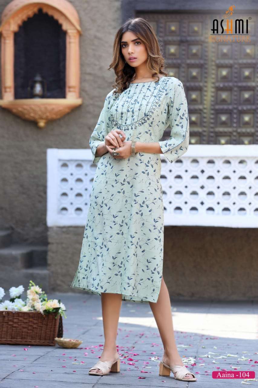 AAINA BY ASHMI 101 TO 108 SERIES DESIGNER STYLISH FANCY COLORFUL BEAUTIFUL PARTY WEAR & ETHNIC WEAR COLLECTION VISCOSE CHANDERI KURTIS AT WHOLESALE PRICE