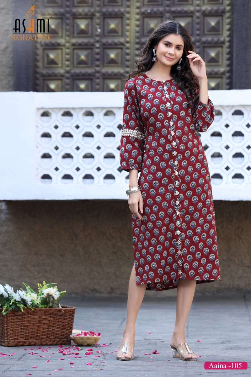 AAINA BY ASHMI 101 TO 108 SERIES DESIGNER STYLISH FANCY COLORFUL BEAUTIFUL PARTY WEAR & ETHNIC WEAR COLLECTION VISCOSE CHANDERI KURTIS AT WHOLESALE PRICE
