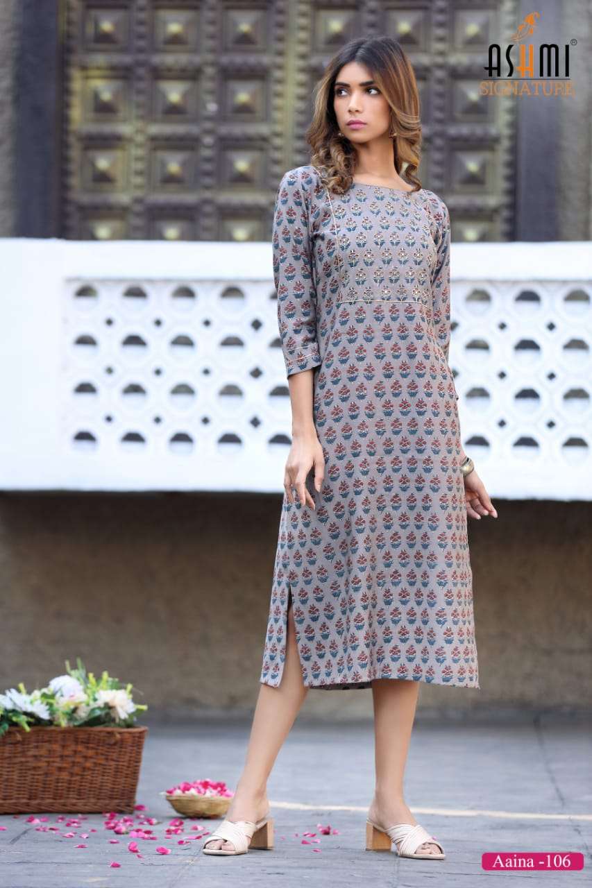 AAINA BY ASHMI 101 TO 108 SERIES DESIGNER STYLISH FANCY COLORFUL BEAUTIFUL PARTY WEAR & ETHNIC WEAR COLLECTION VISCOSE CHANDERI KURTIS AT WHOLESALE PRICE