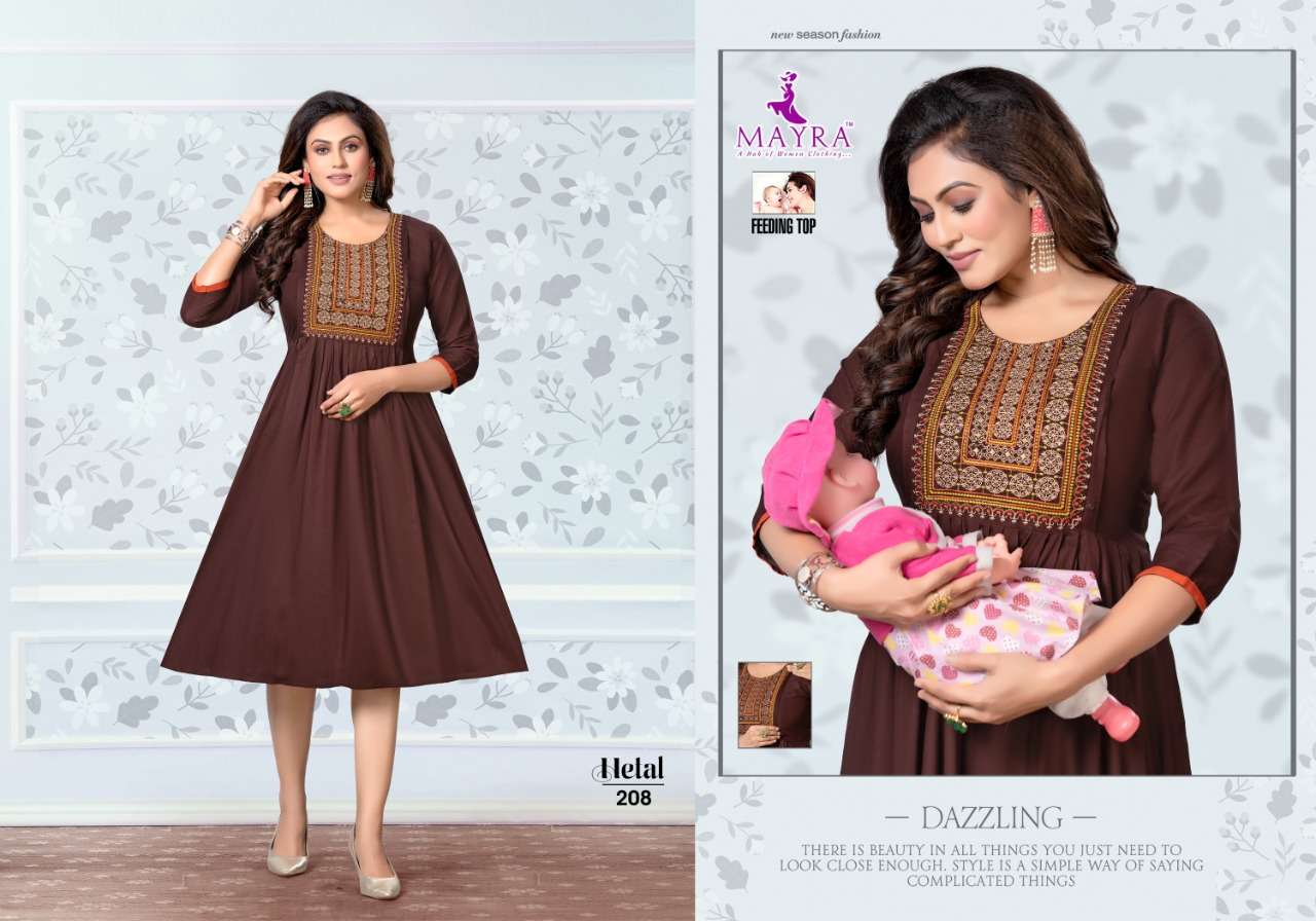 HETAL BY MAYRA 201 TO 208 SERIES DESIGNER STYLISH FANCY COLORFUL BEAUTIFUL PARTY WEAR & ETHNIC WEAR COLLECTION RAYON KURTIS AT WHOLESALE PRICE