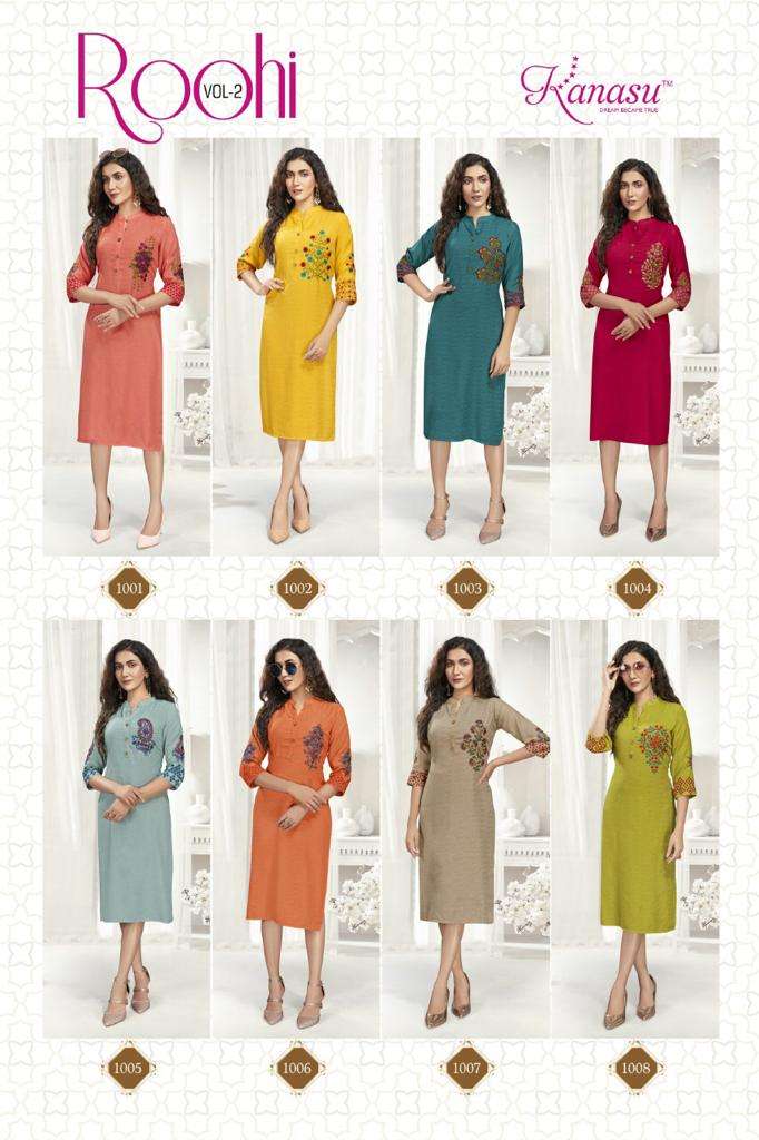 ROOHI VOL-2 BY KANASU 1001 TO 1008 SERIES DESIGNER STYLISH FANCY COLORFUL BEAUTIFUL PARTY WEAR & ETHNIC WEAR COLLECTION RAYON WITH WORK KURTIS AT WHOLESALE PRICE